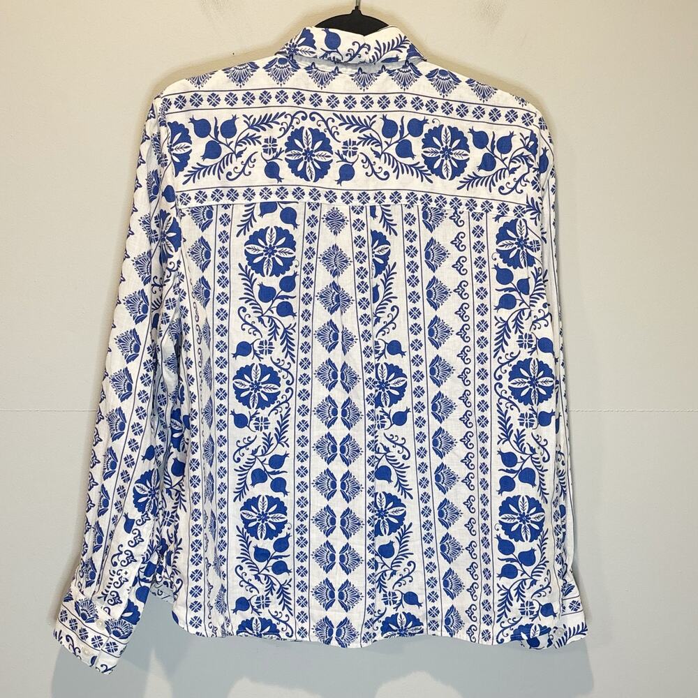 Boden Sienna Blue & White Floral Print Linen Long Sleeve Button Down Shirt - 12 - Picture 5 of 5